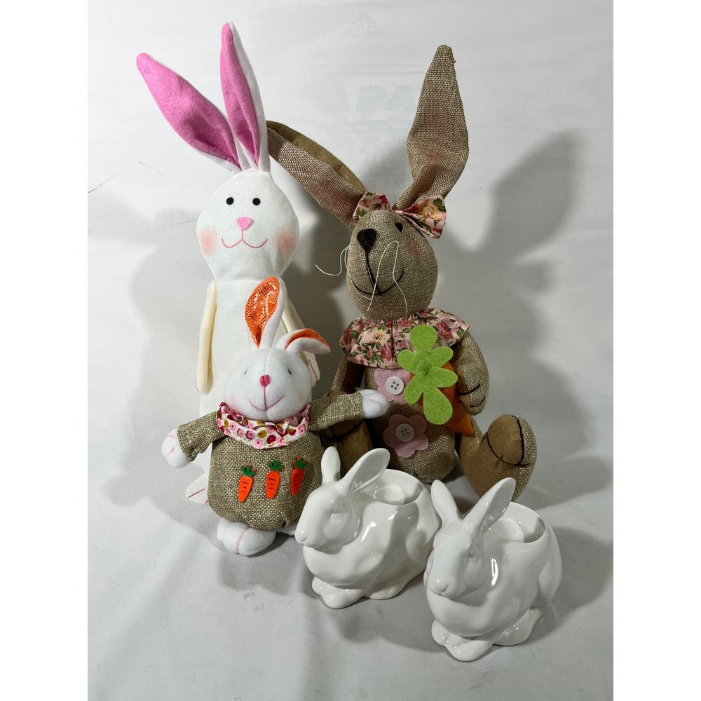 Easter Bunny Decor Bundle 5pc Target Ceramic Tealight Holders Burlap Plush Set‎